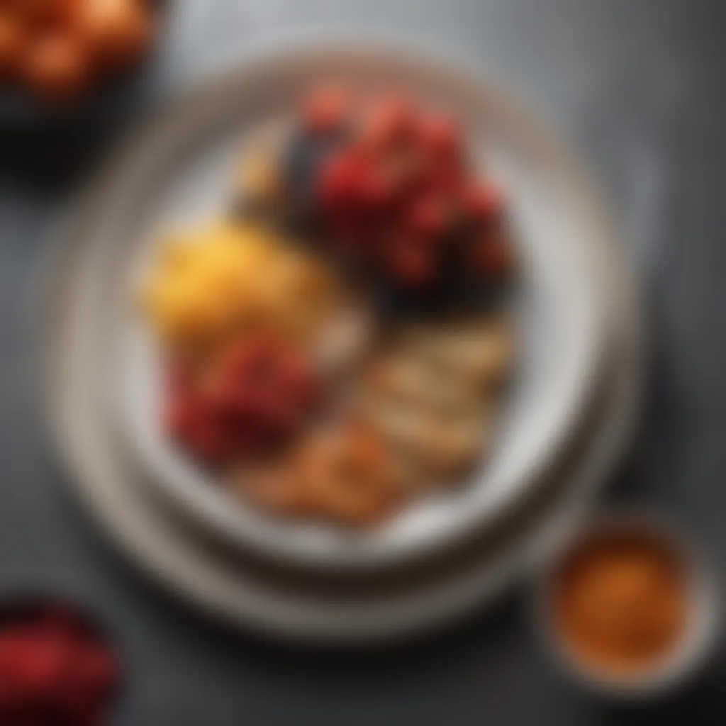 Close-up of textured stone plate with food arrangement