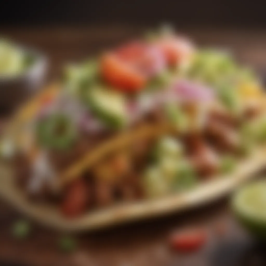 A close-up of a taco with fresh ingredients and a hint of lime