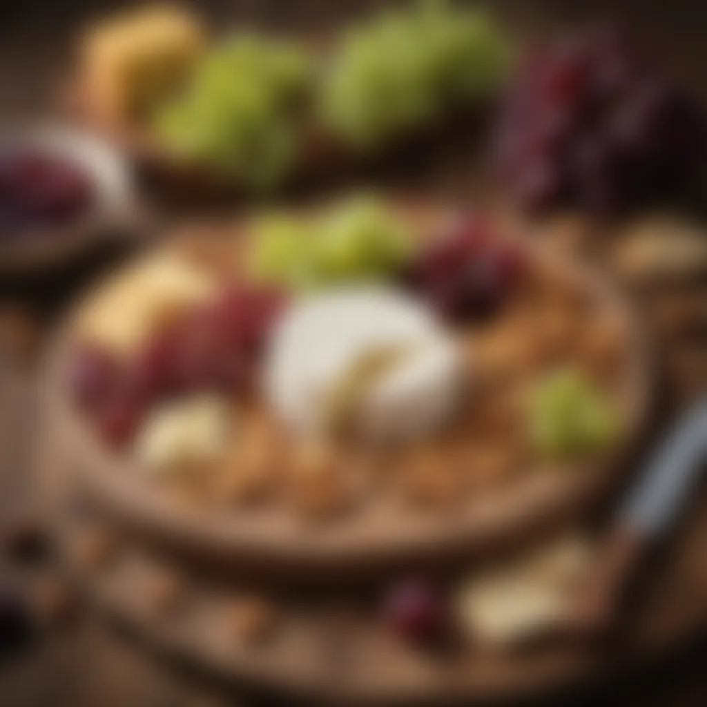 A picturesque view of a brie cheese wheel displayed on a rustic wooden board alongside grapes and nuts.