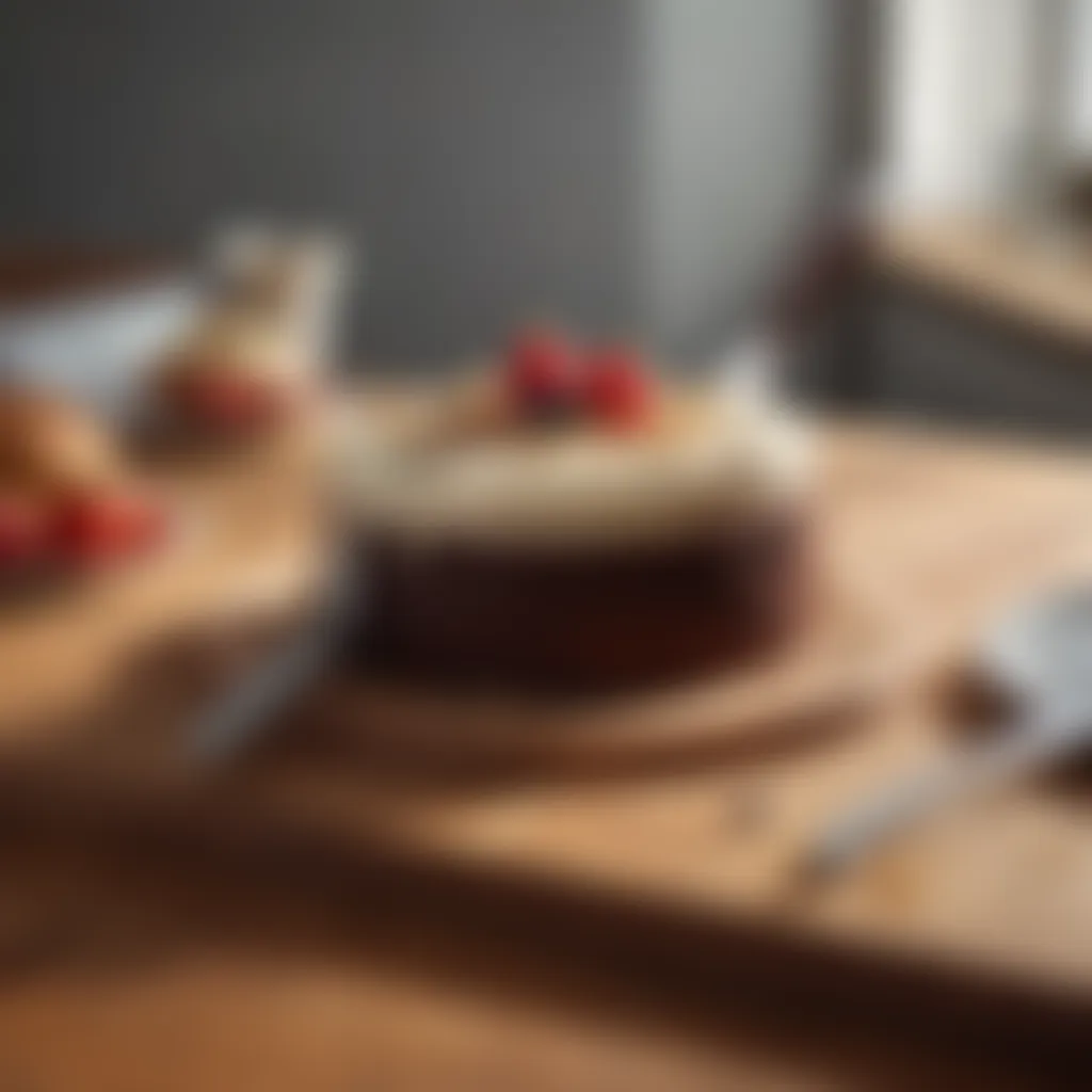 A sleek cake cutter and server tool displayed on a wooden table.