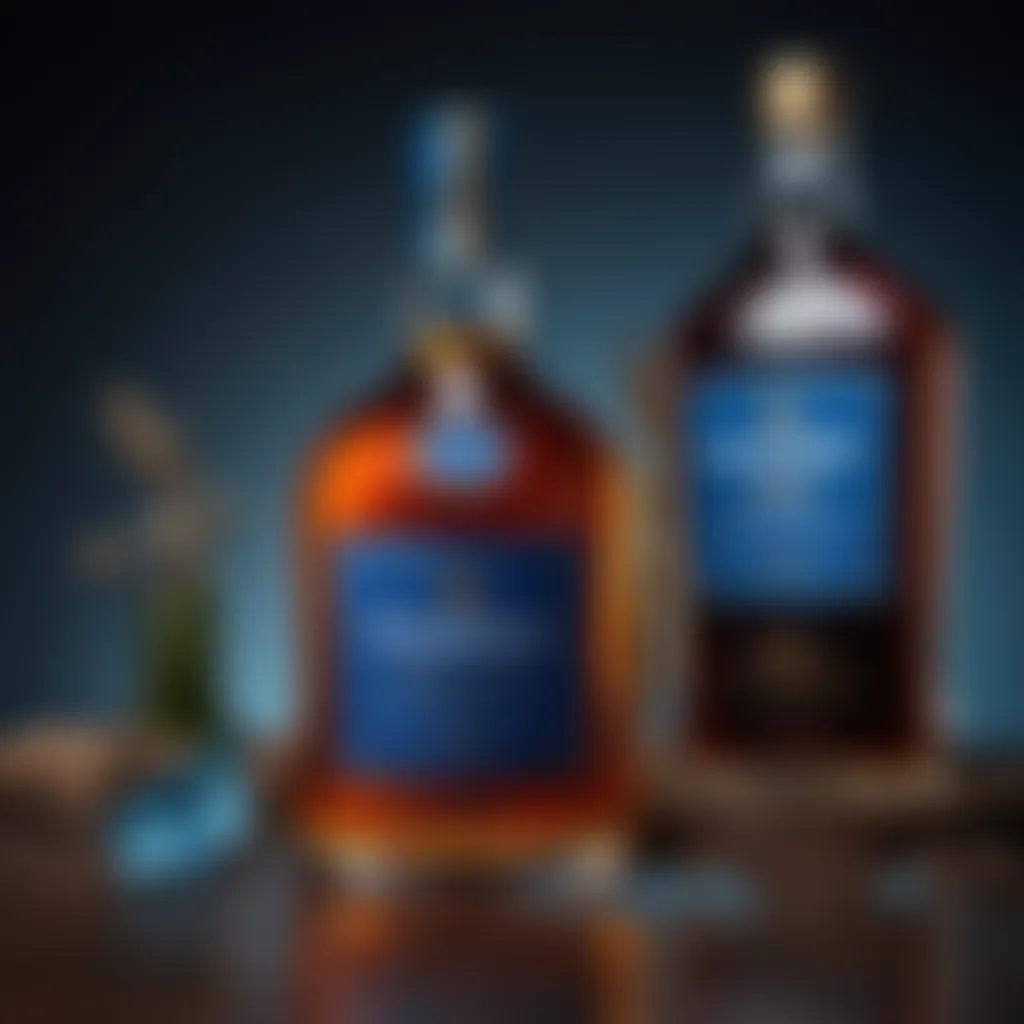 An artistic arrangement of Hennessy and Blue Curacao bottles