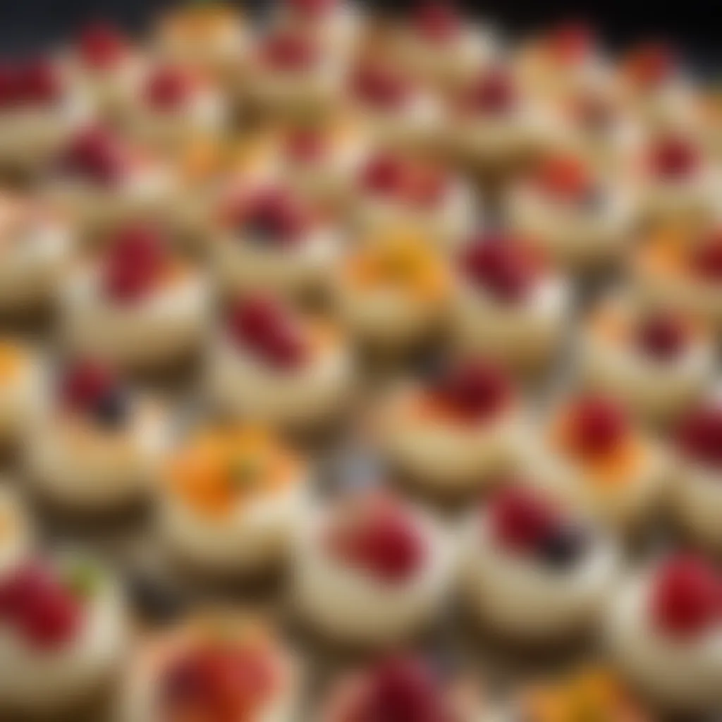 An elegant display of colorful bite size cheesecakes on a platter