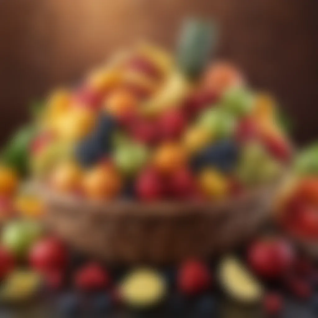 A vibrant assortment of fruits and snacks arranged in an elegant basket showcasing variety and color.