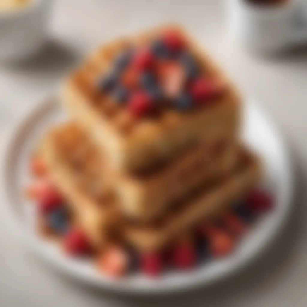 A beautifully presented plate of power cake waffles served with a side of maple syrup and berries.