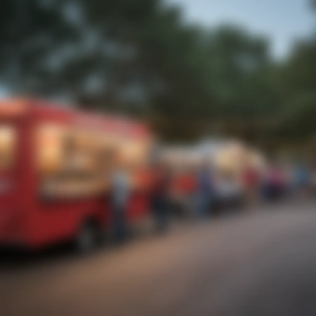 A bustling food truck scene representing Austin's culinary diversity