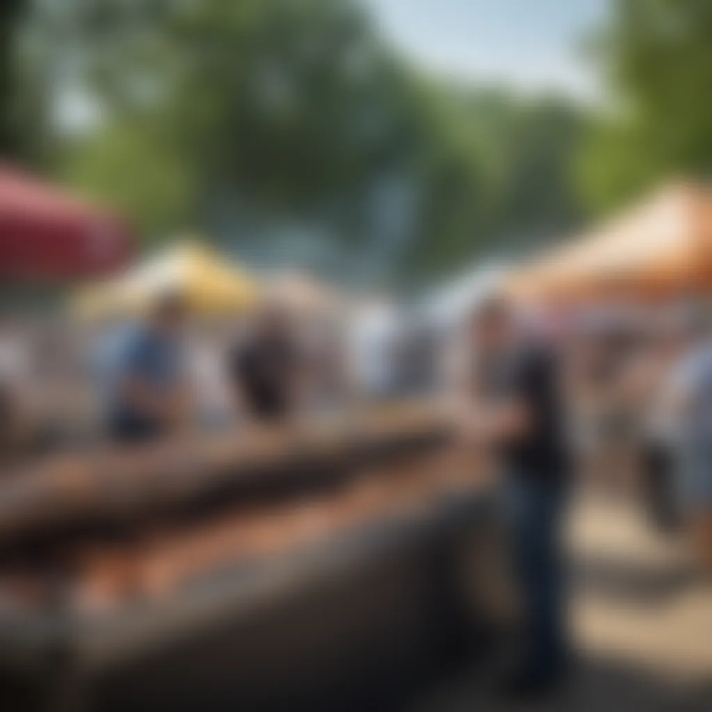 Visitors enjoying the delicious offerings at the World Championship Barbecue Cooking Contest, with colorful booths and grills.