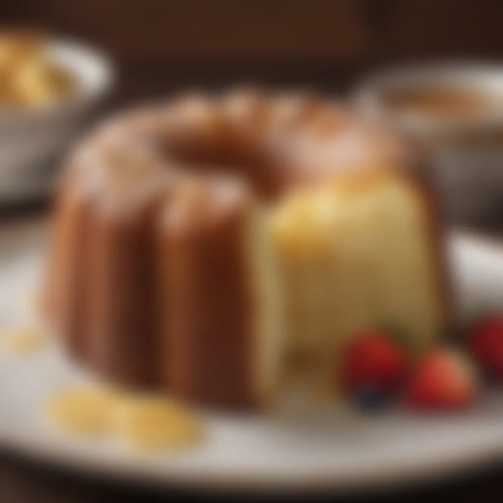 A slice of moist pound cake showcasing its rich texture