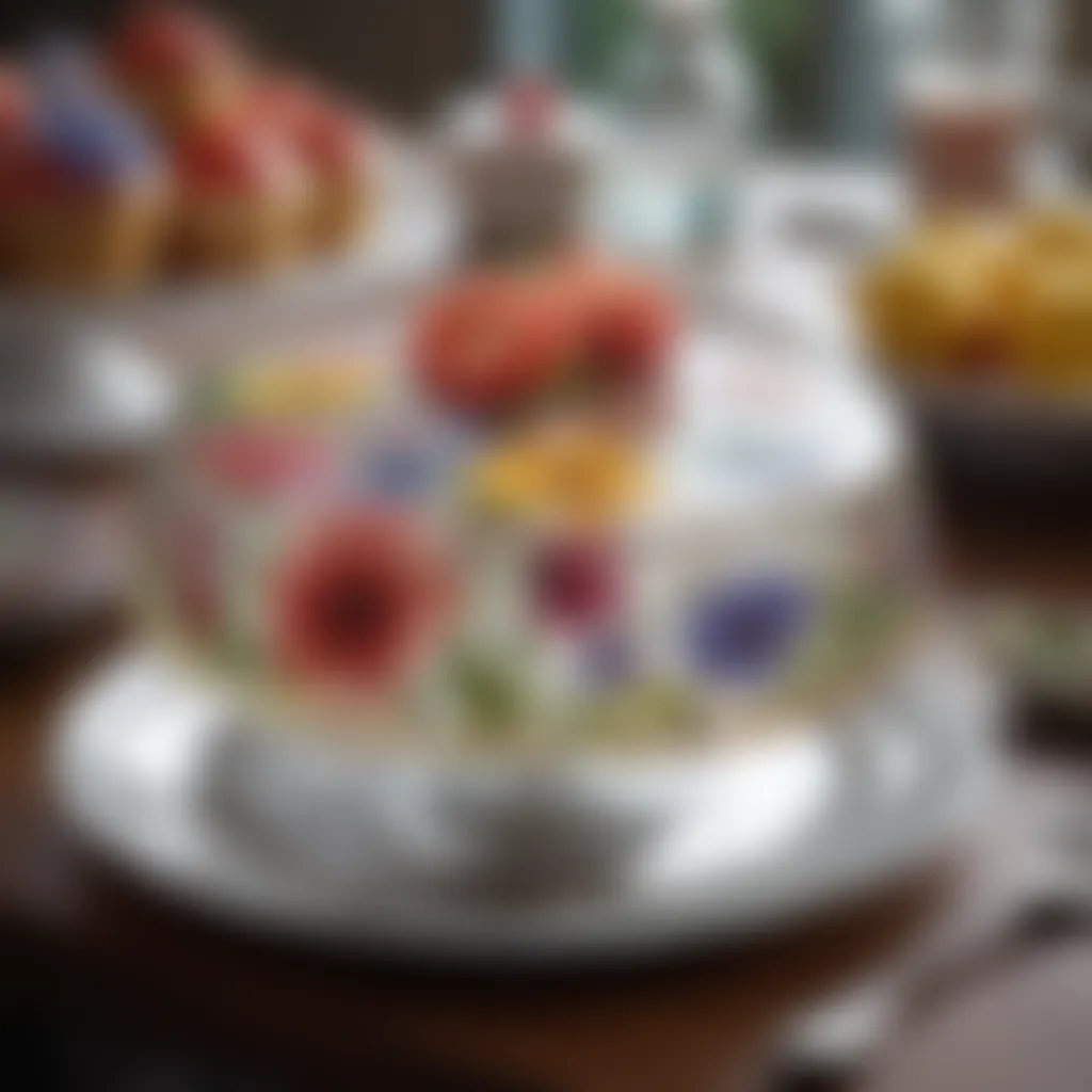 A glass cake plate cover adorned with floral patterns, adding charm to the table.