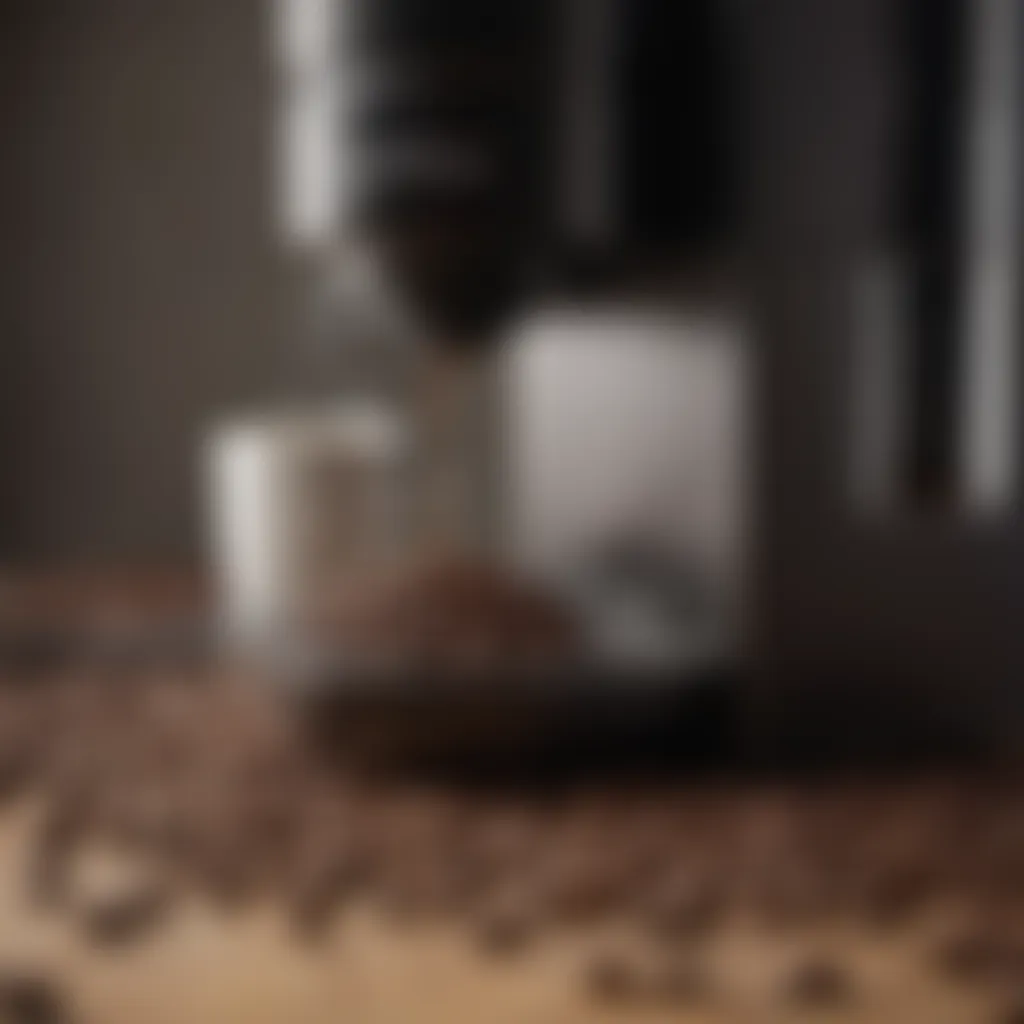 Different coffee beans and grounds displayed next to a classic coffee maker.