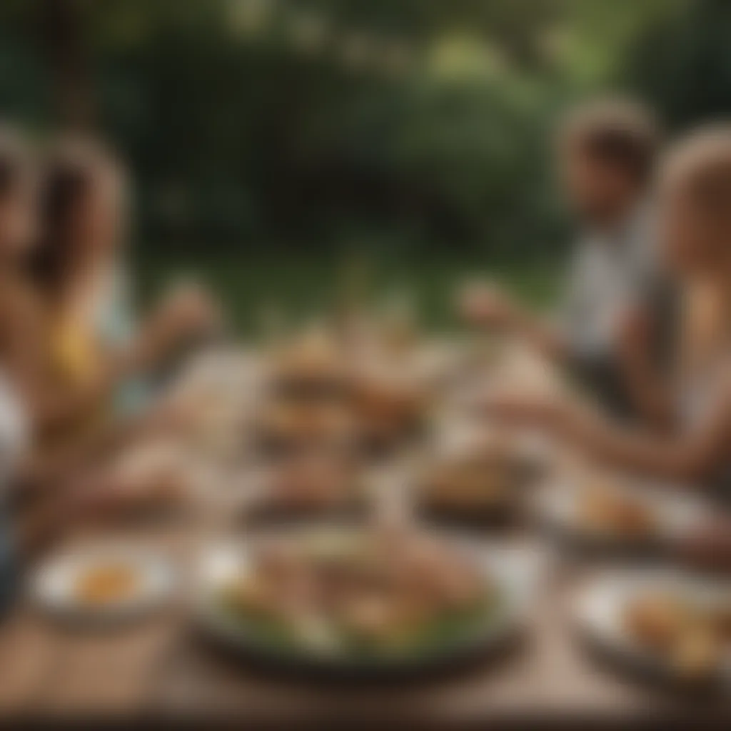 Group enjoying an outdoor dining experience with picnic dinner sets