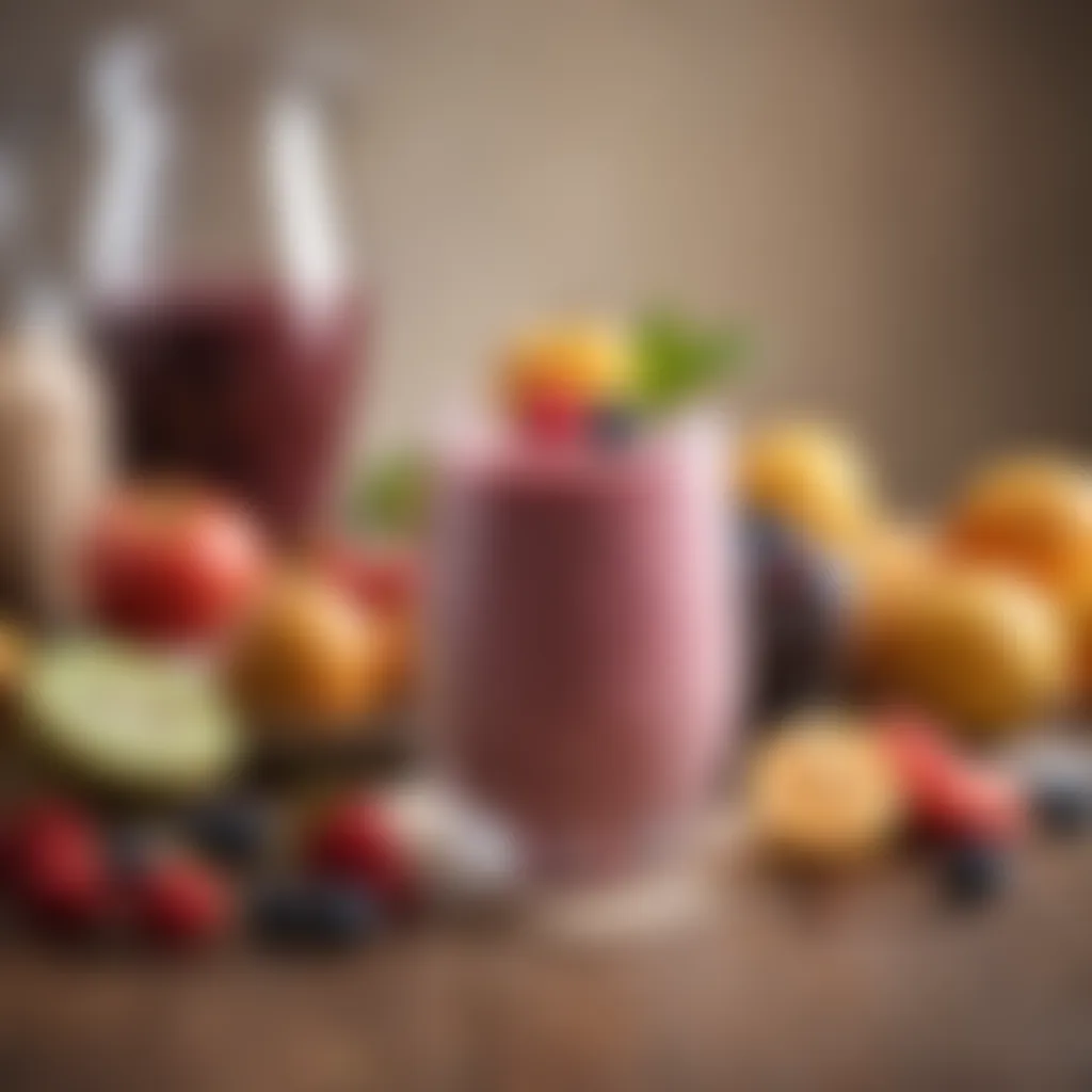 Elegant glass filled with a freshly made smoothie topped with fruits