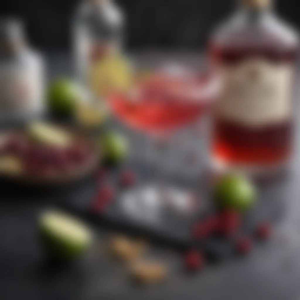 Ingredients laid out for a Gin Cosmopolitan, showcasing gin, lime, and cranberry.