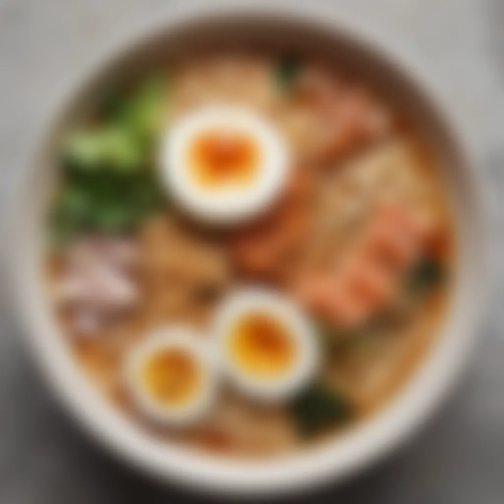 A beautifully arranged plate of ramen adorned with toppings and a savory broth