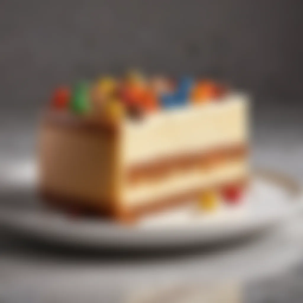 Close-up view of the creamy interior of a slice of M&M cheese cake, highlighting the smoothness and layers of flavors.