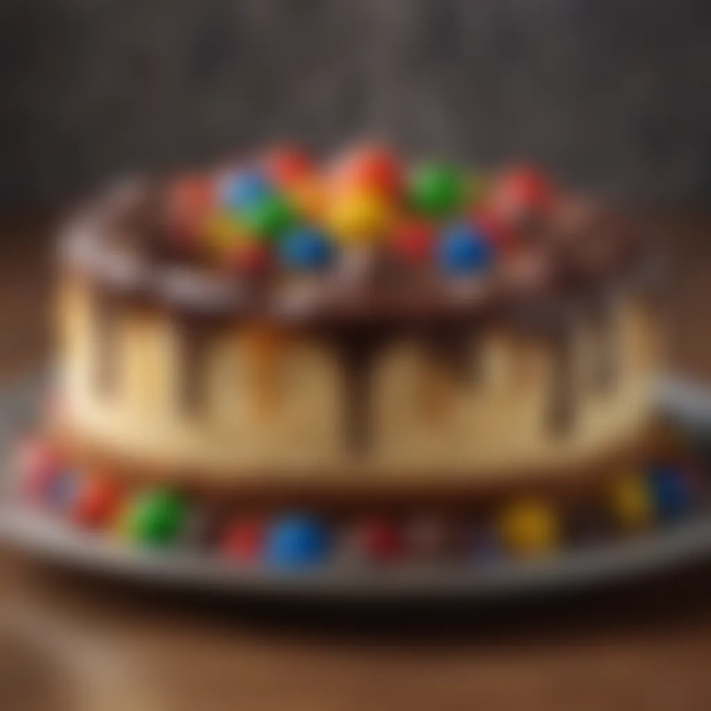 A decadent M&M cheese cake topped with colorful chocolate candies, showcasing its rich texture and vibrant presentation.