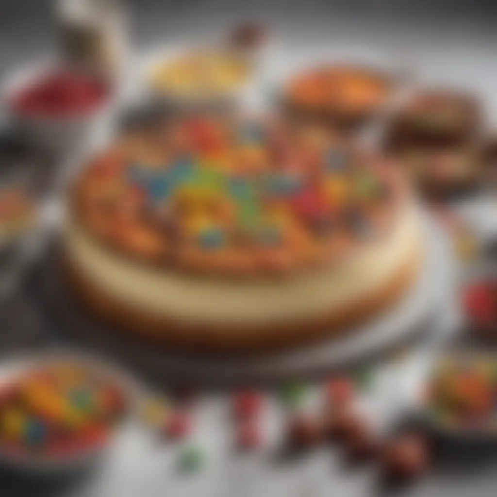 An array of ingredients laid out for M&M cheese cake, including cream cheese, sugar, and colorful candies, emphasizing the delightful components.