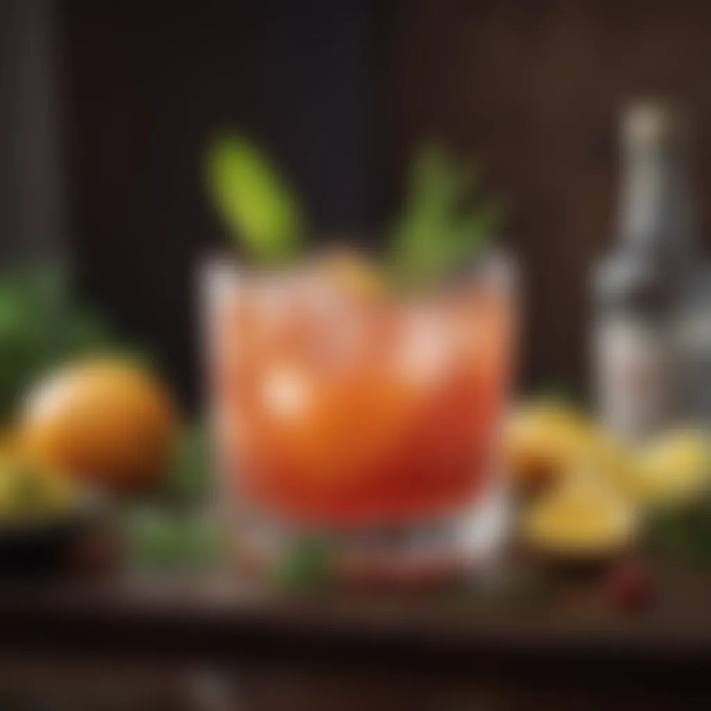 An artistic presentation of a rum punch garnished with fresh herbs and fruits.