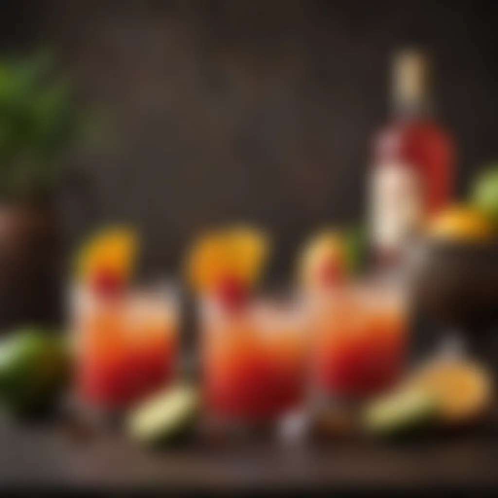 A vibrant array of rum punch mixers including tropical fruits and spices.