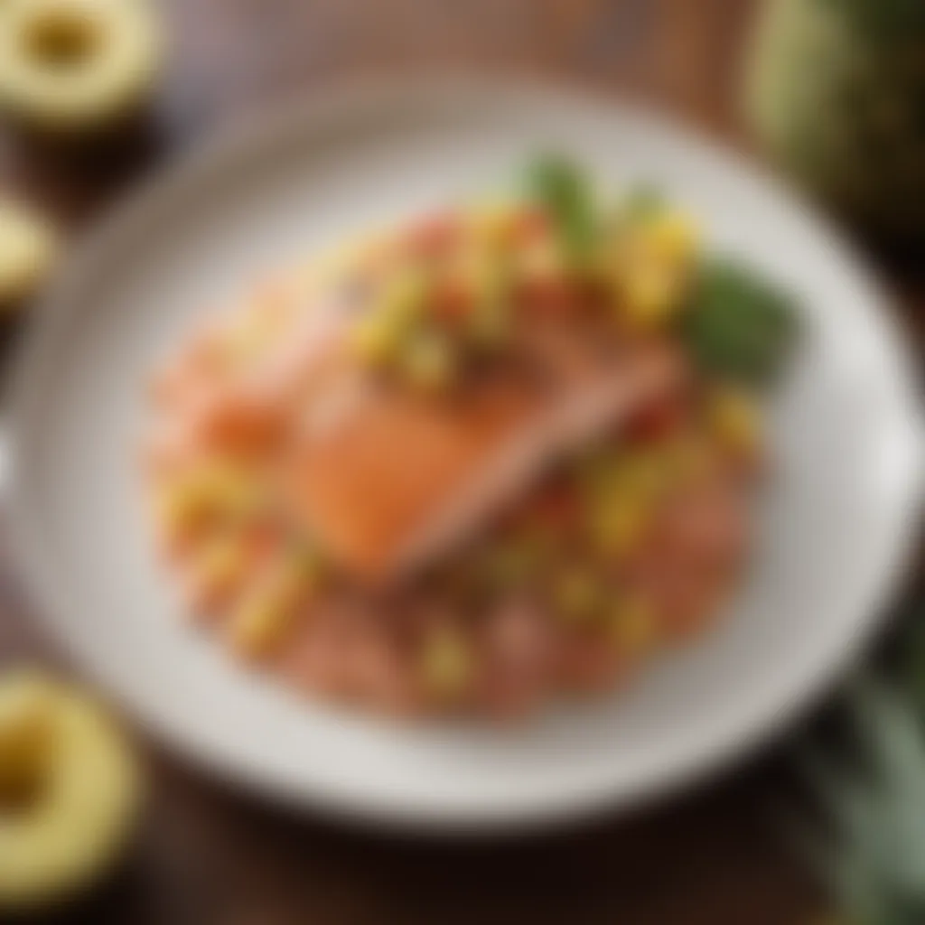 Artistic depiction of a plated dish featuring salmon and a side of pineapple salsa.