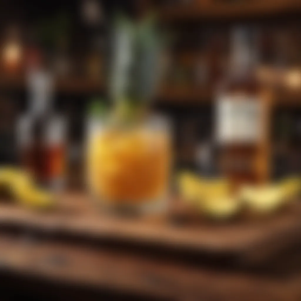 An artistic display of scotch whisky and pineapple juice ingredients on a wooden bar.