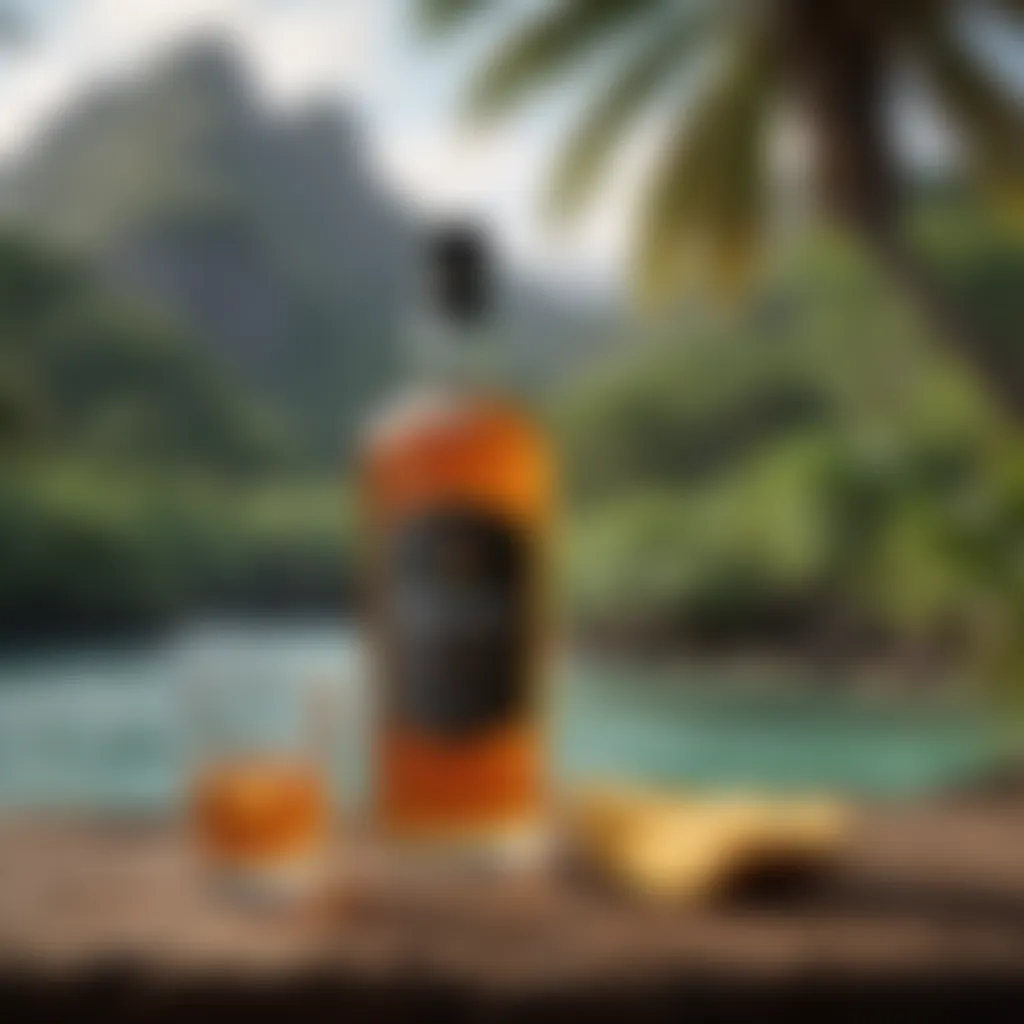 A premium bottle of scotch whisky against a backdrop of lush tropical scenery.