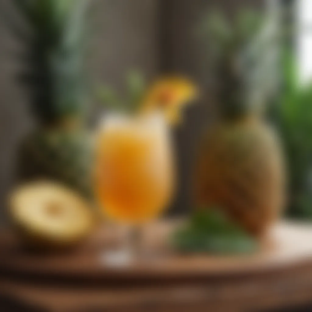 A vibrant, tropical-inspired cocktail garnished with fresh pineapple and herbs.