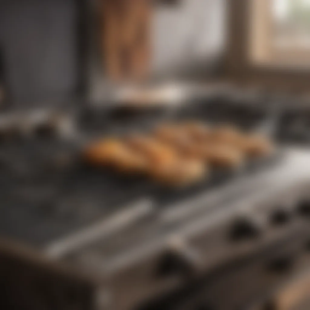 Safety measures illustrated around a grill stove in a kitchen setting.