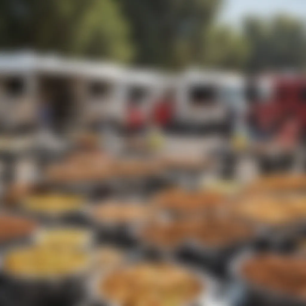 A bustling scene of food enthusiasts enjoying meals from various catering trucks at an event