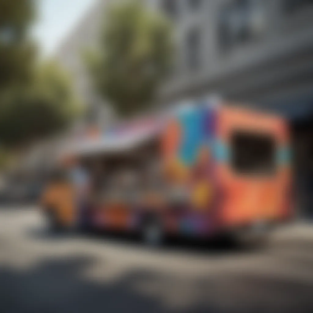 A vibrant catering truck adorned with colorful graphics parked at a busy California street