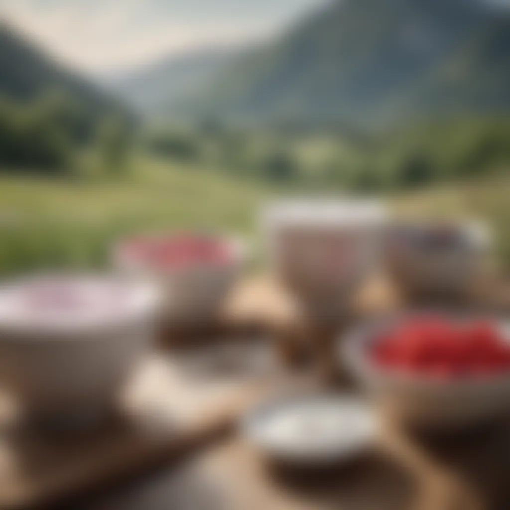 A serene landscape depicting traditional yogurt production methods in different cultures.