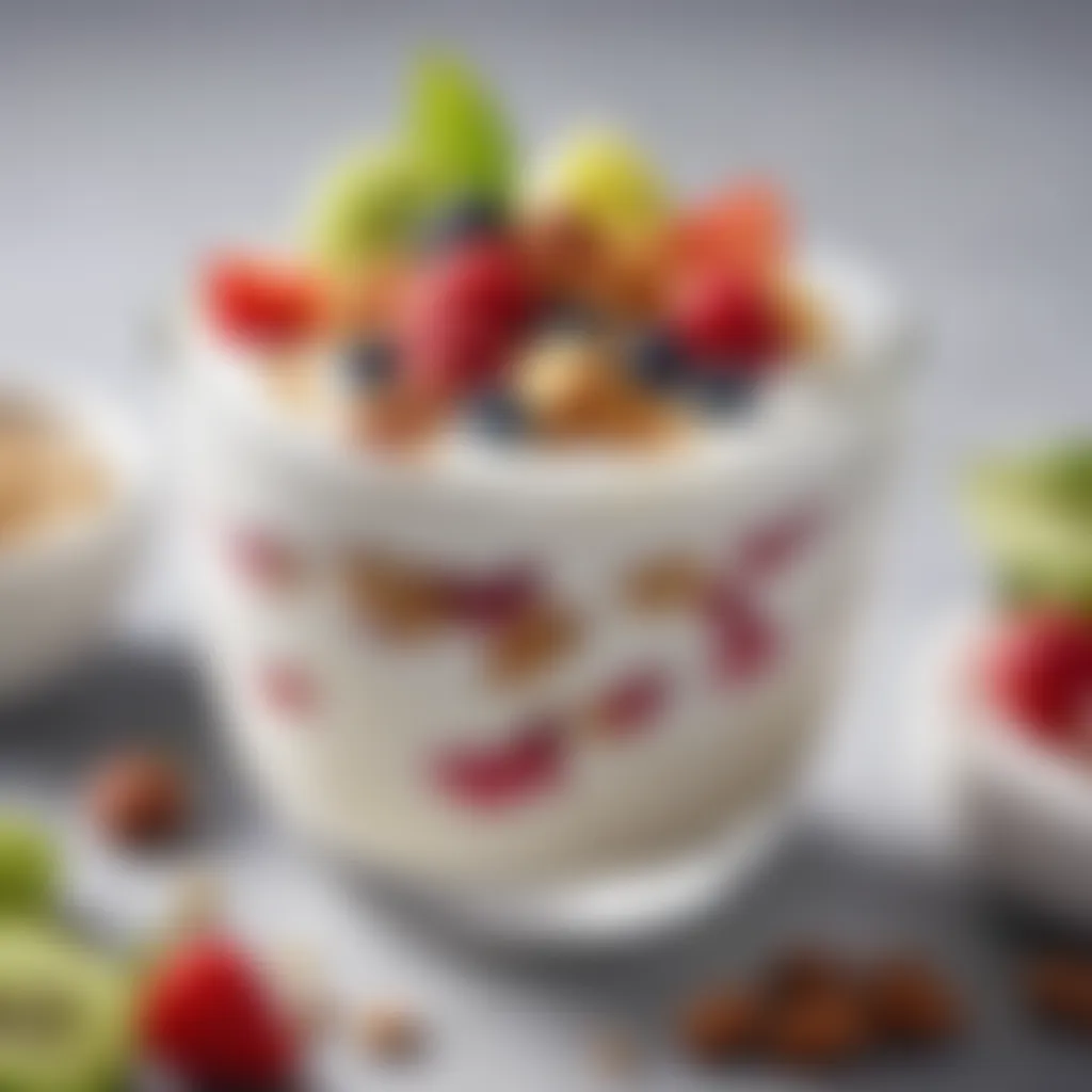 A close-up of yogurt with fresh fruits and nuts, illustrating a healthy consumption option.