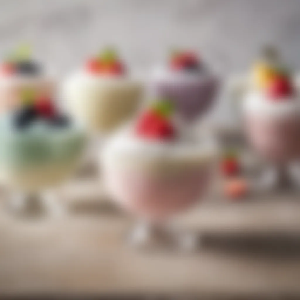 A vibrant display of various yogurt types in glass bowls, showcasing their textures and colors.