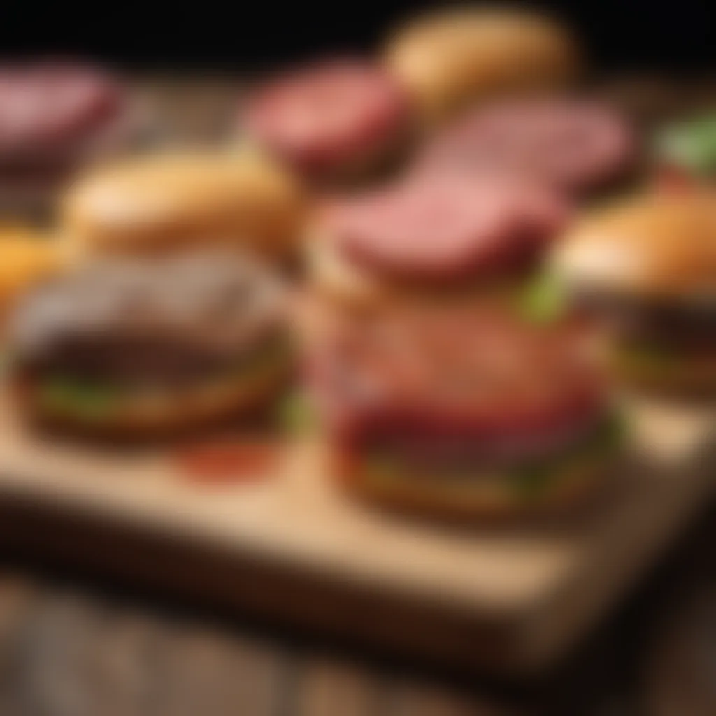 A selection of lean hamburger meat cuts on a wooden board