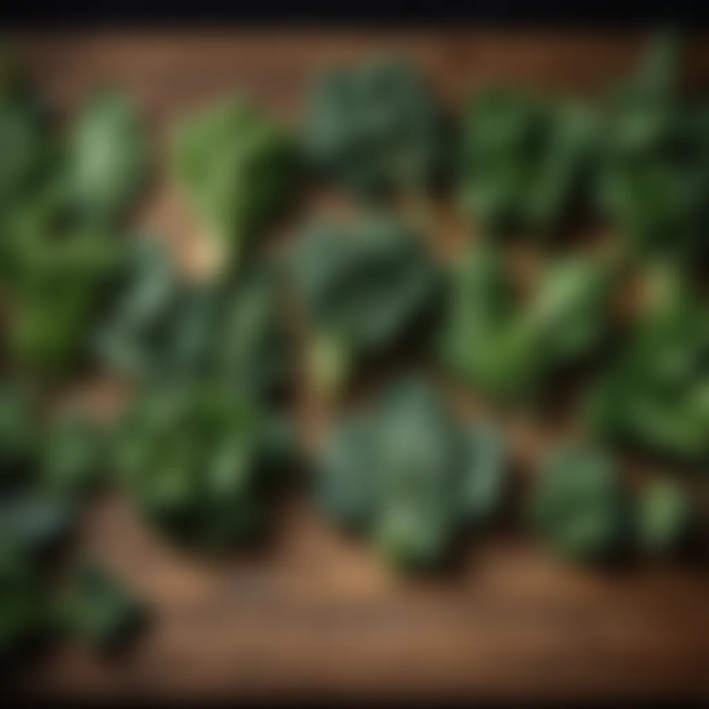 A selection of leafy green vegetables arranged artistically on a rustic wooden table.