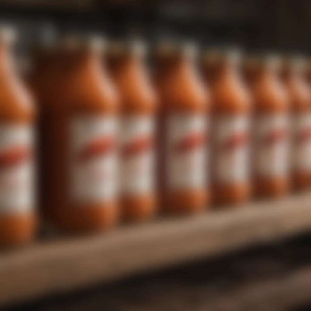 A variety of lobster sauce bottles on a grocery shelf, showcasing different brands and types.