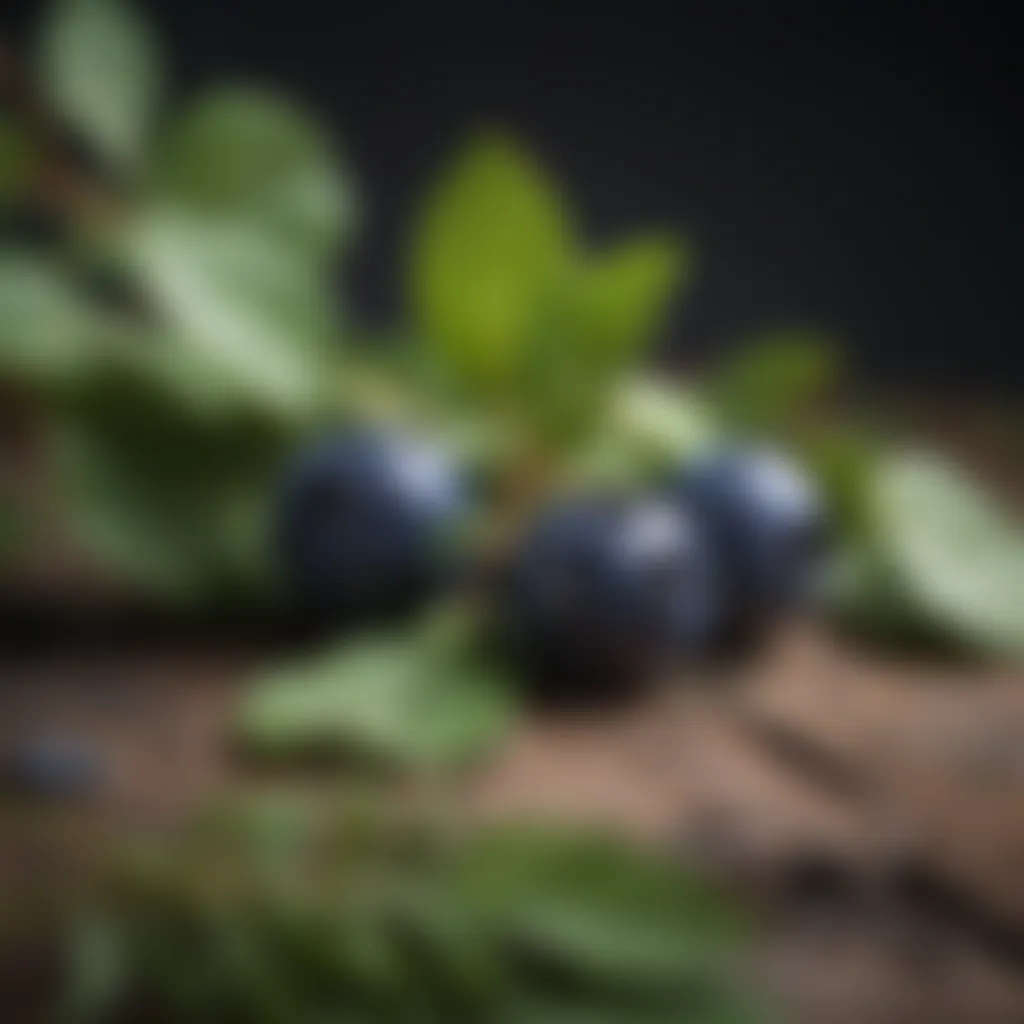 Close-up of ripe bilberries on a branch with leaves