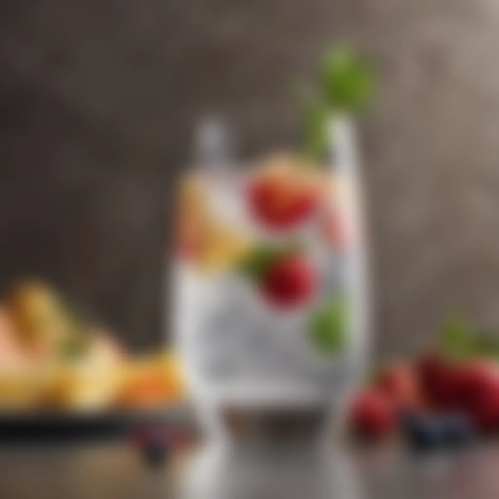 A refreshing glass of non-alcoholic wine spritzer garnished with fresh fruits and herbs.