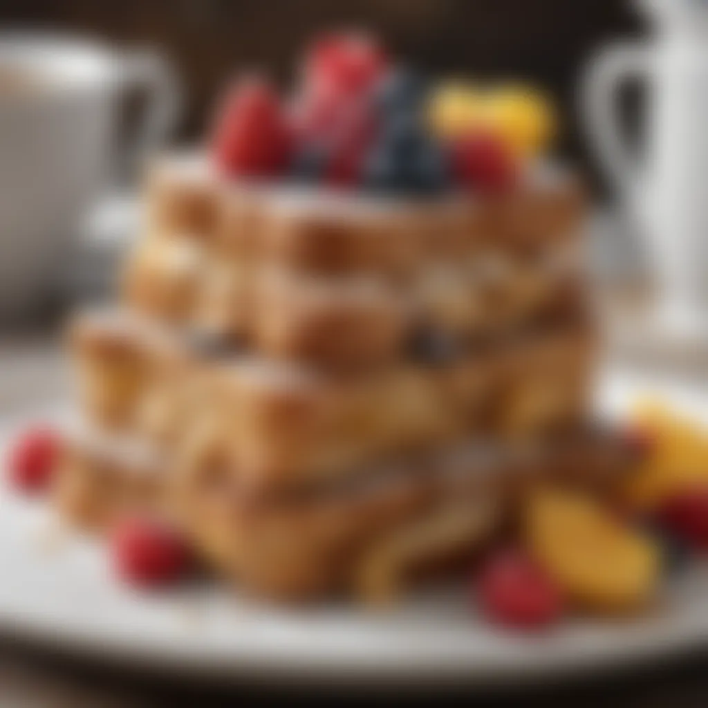 A stack of French toast garnished with powdered sugar and fruits