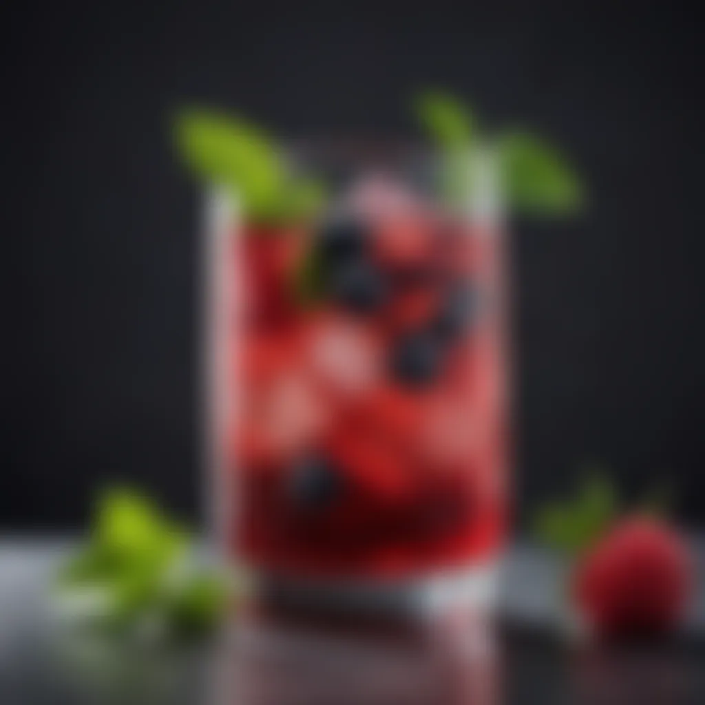 Elegant glass of berry-infused drink with fresh mint leaves.