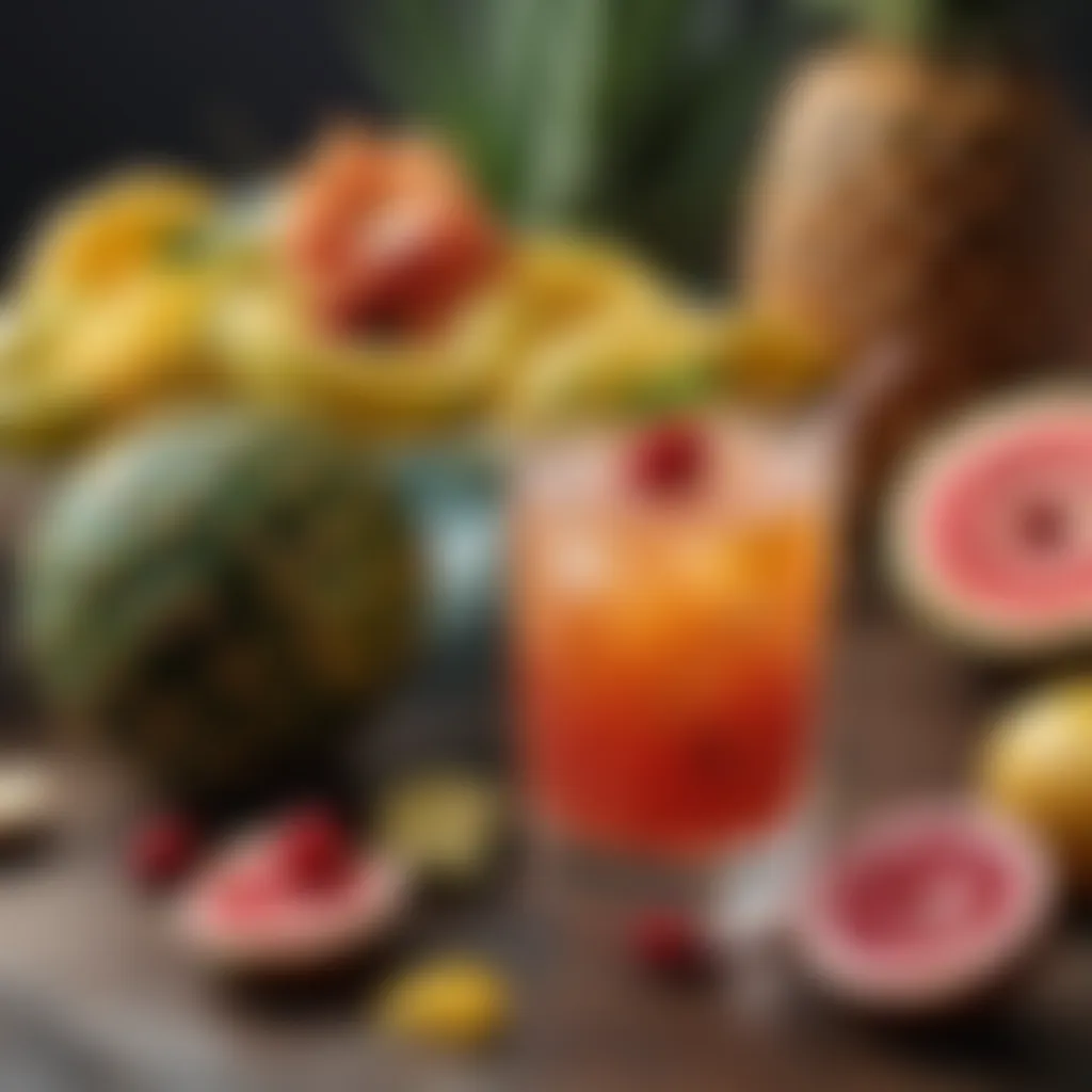 Vibrant cocktail adorned with tropical fruits and garnishes.