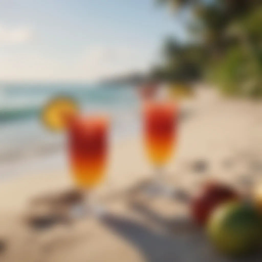 A serene beach setting with colorful drinks