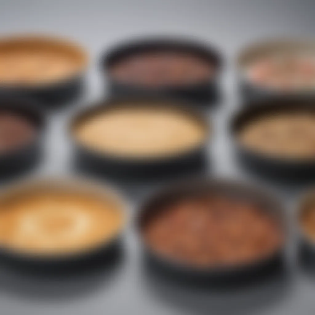 Various types of round cake pans made from different materials