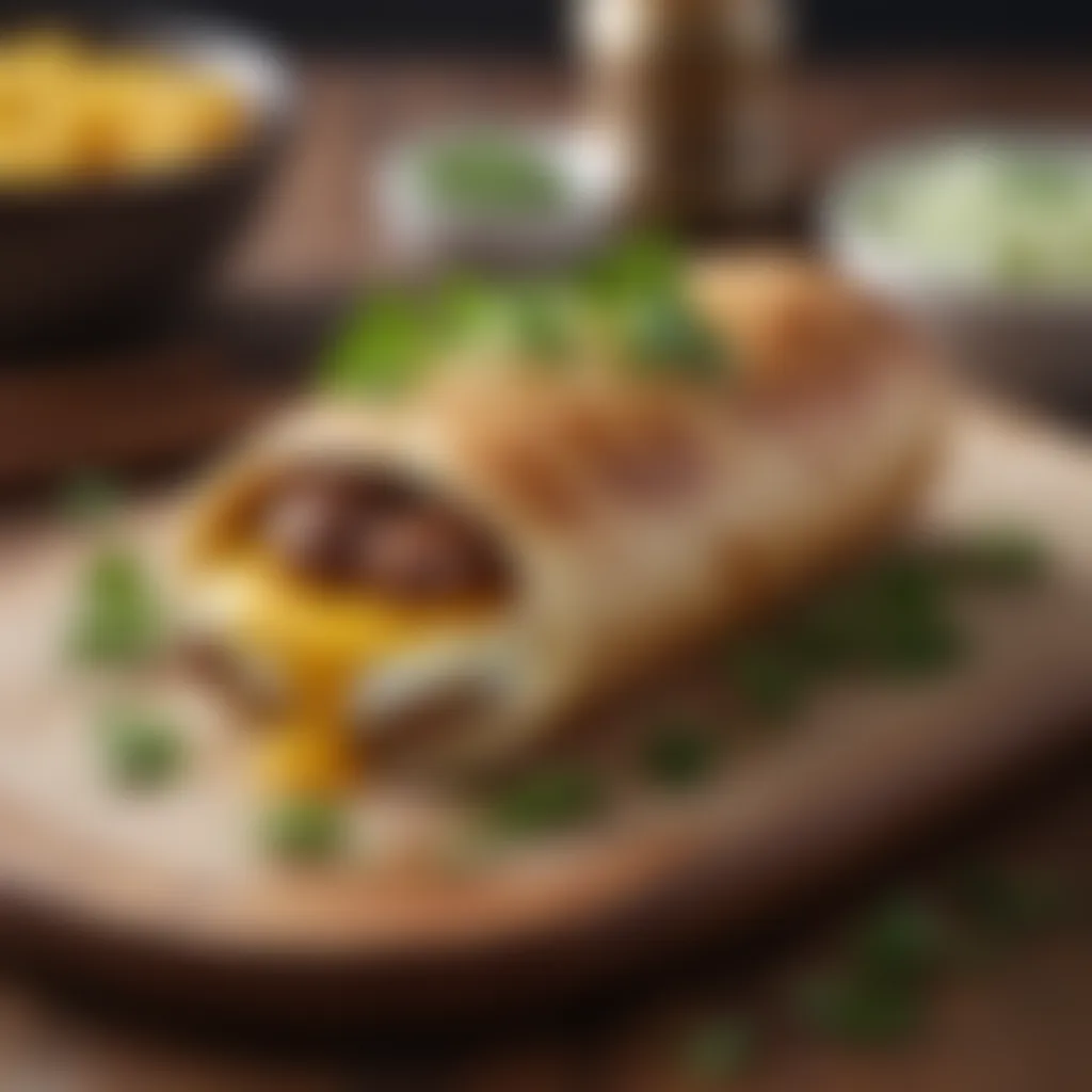 Gourmet Sausage Egg Wrap Presentation A beautifully plated sausage egg wrap garnished with fresh herbs