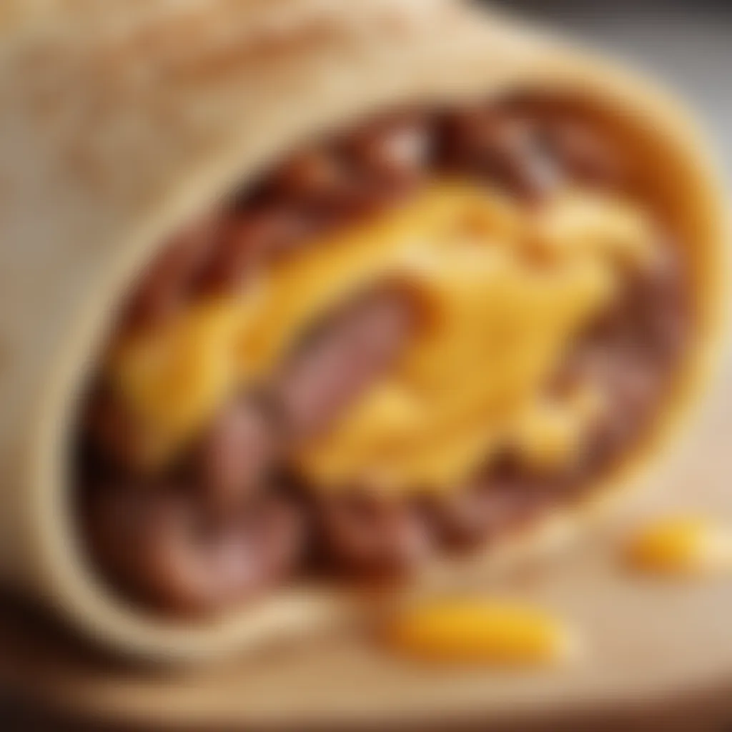 Detailed View of a Sausage Egg Wrap A close-up of a sausage egg wrap showcasing its filling and texture
