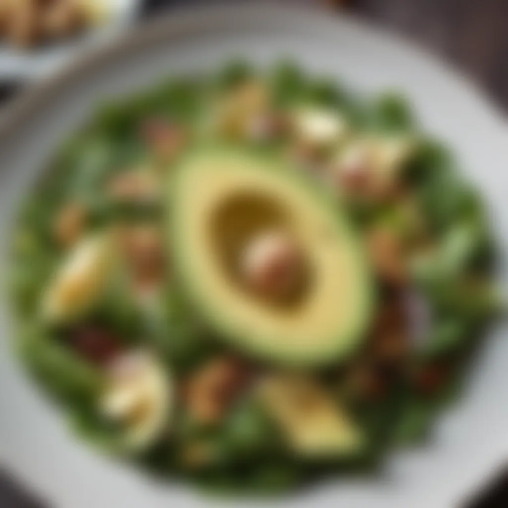 A vibrant keto salad showcasing fresh greens, avocado, and nuts