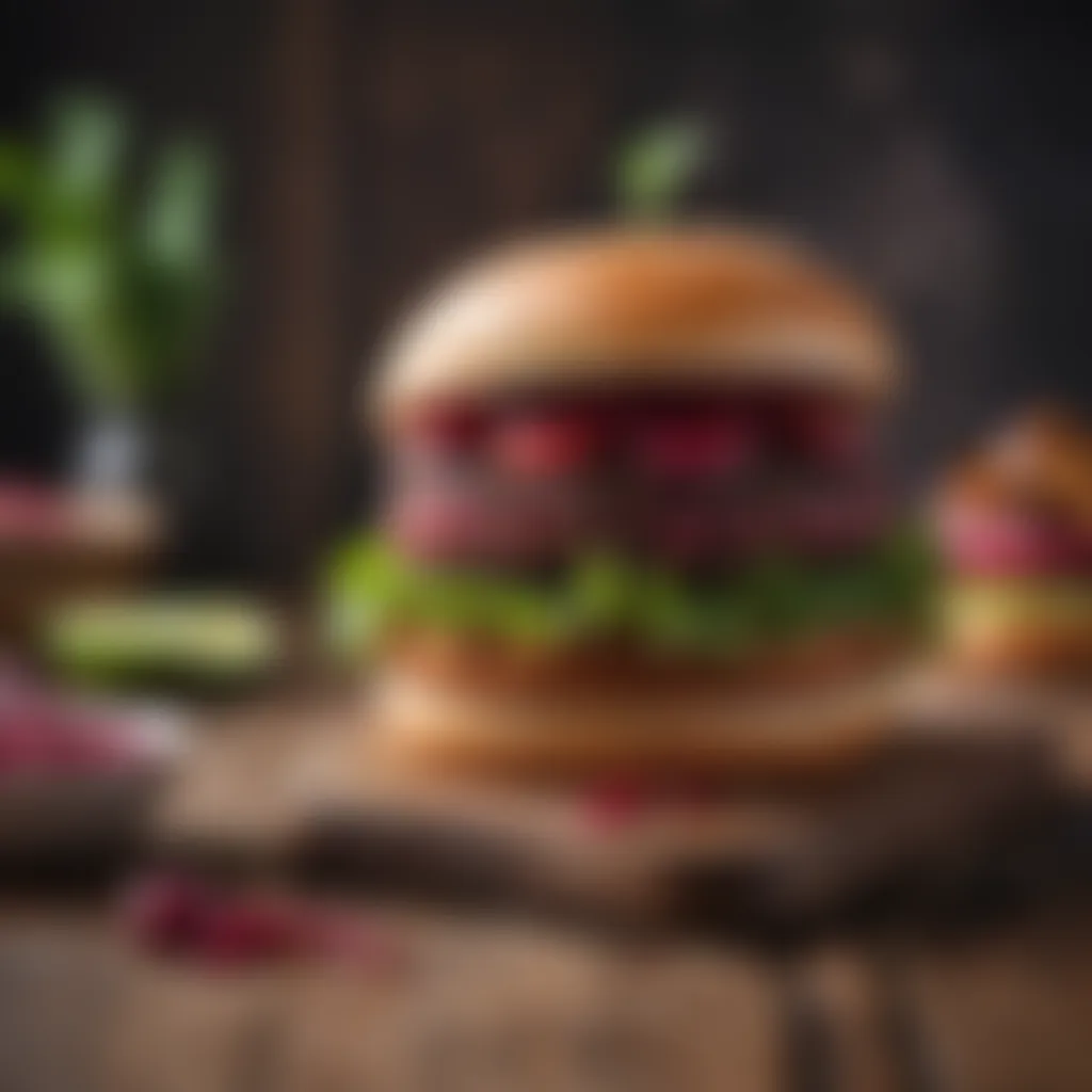 Vibrant Vegan Beet Burger Vibrant vegan beet burger served on a rustic wooden table