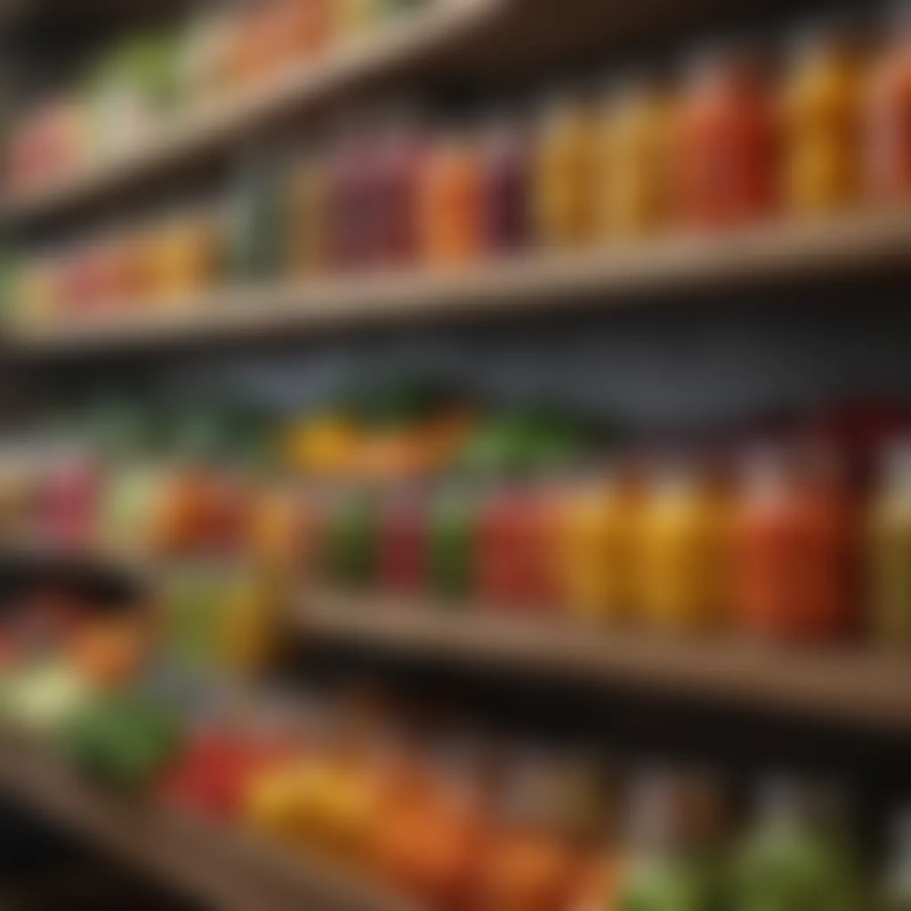 A vibrant display of preserved fruits and vegetables on a shelf.