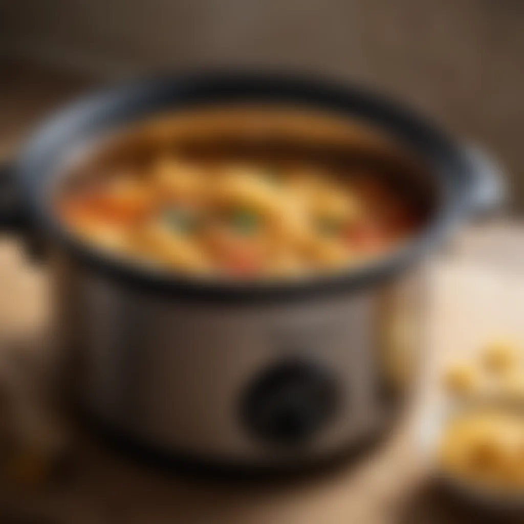 A simmering crock pot filled with pasta, showcasing the process of slow cooking and flavor infusion.