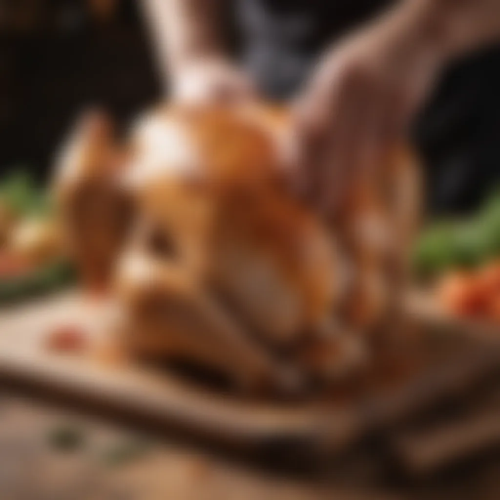 A chef's knife and board with raw chicken ready for preparation