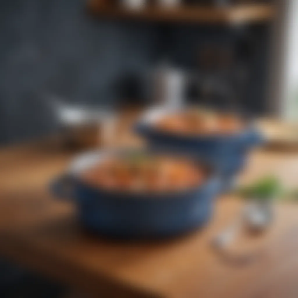 Sophisticated Design of Blue Jean Chef Pot Elegant Blue Jean Chef pot on a wooden countertop